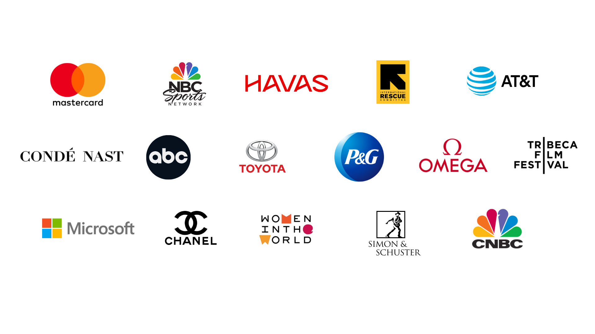 A collection of logos from various brands and organizations arranged in a grid pattern with three rows. The logos include Mastercard, NBC Sports Network, HAVAS, International Rescue Committee, AT&T, Condé Nast, ABC, Toyota, P&G, Omega, Tribeca Film Festival, Microsoft, Chanel, Women in the World, Simon & Schuster, and CNBC.