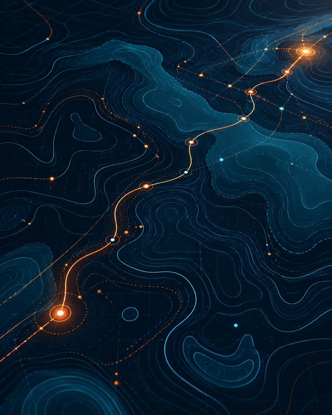 #Abstract topographic map with glowing orange waypoints connected by a winding path through layered blue terrain, symbolizing progress and innovation.