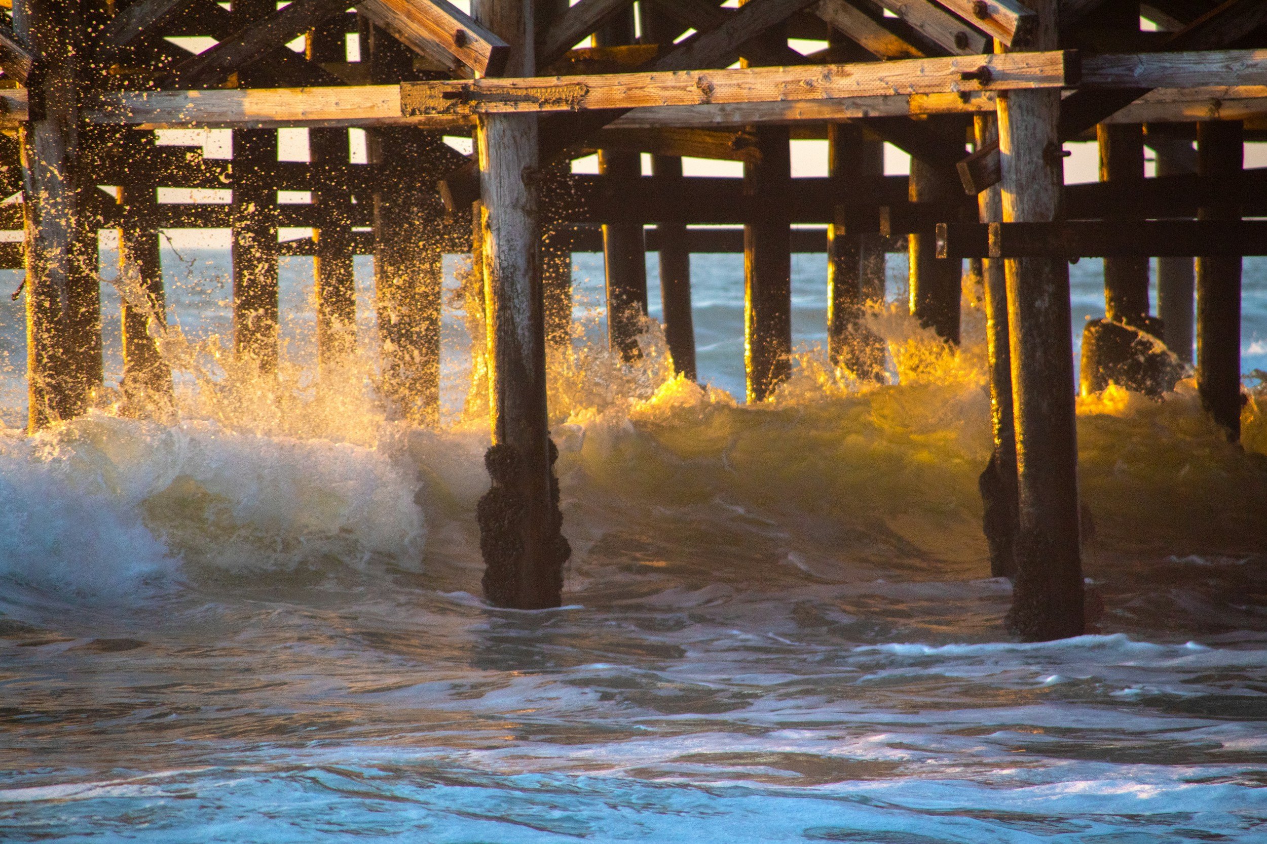 Close-up image of wooden pier supports under water with waves and foam, with sunlight illuminating the water and wood.