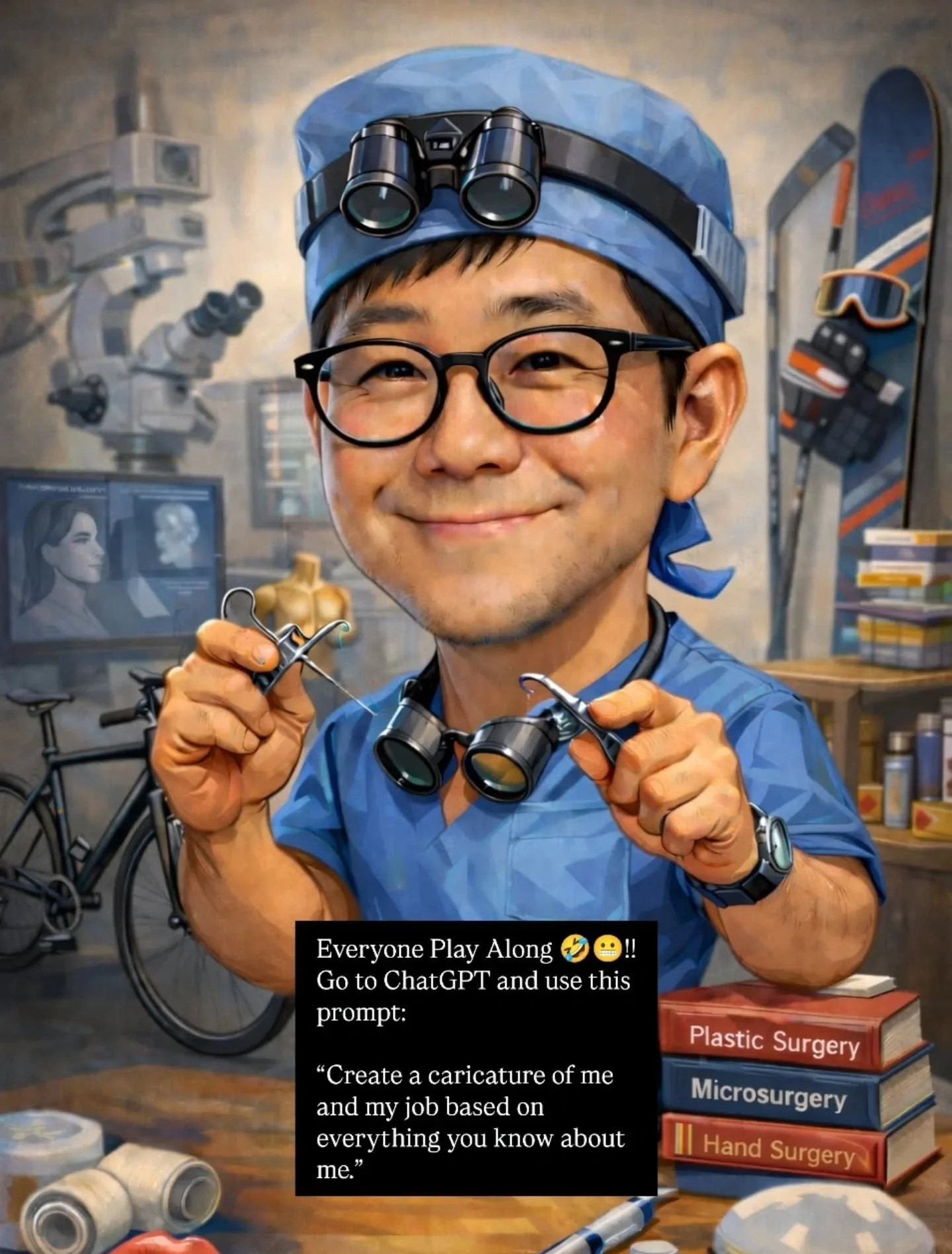 "Create a caricature of me and my job based on everything you know about me"

FYI those are made up surgical instruments and I have five fingers in real life 😂 also the amount of spectacles is funny. At least ChatGPT got some hobbies right