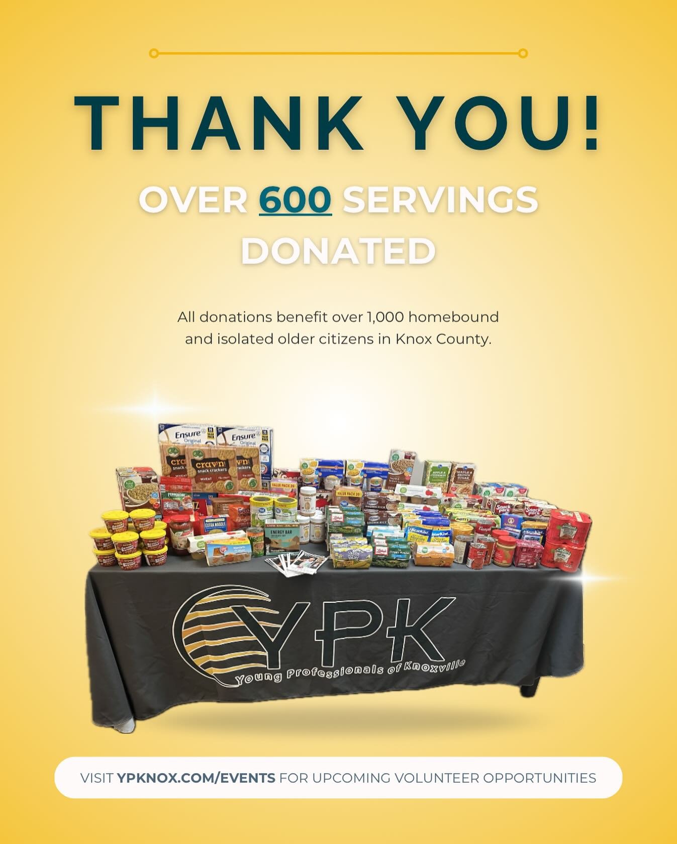 Last week at our Spring General Membership Meeting, we hosted a food drive for Knox County Mobile Meals. Check out everything we were able to donate! 🍽️

Ensure: 64 bottles
Canned Meat (Chicken &amp; Tuna): 25 servings
Canned Meals: 16 cans
Beans: 1
