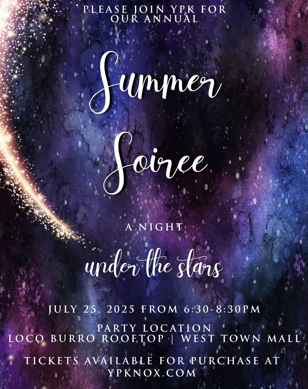 Get ready for a celestial celebration! 🌟 Tickets are officially on sale for the 2025 YPK Summer Soiree: A Night Under The Stars!

Join us on July 25th at 6:30 PM for an unforgettable evening at the Loco Burro rooftop bar. Enjoy breathtaking views, g