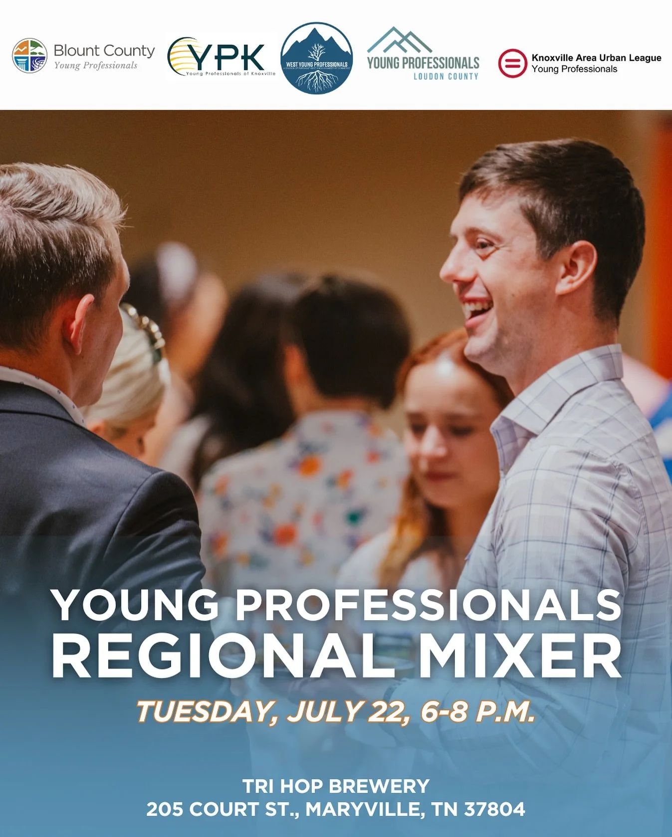 Tuesday Pick-Me-Up 🤝 YP Regional Mixer

Join us &amp; our fellow young professional groups at Tri-Hop Brewery in Maryville tonight from 6:00 - 8:00 pm! Every attendee will receive 2 drink tickets &amp; The Spiffy Spud food truck will be on site for 