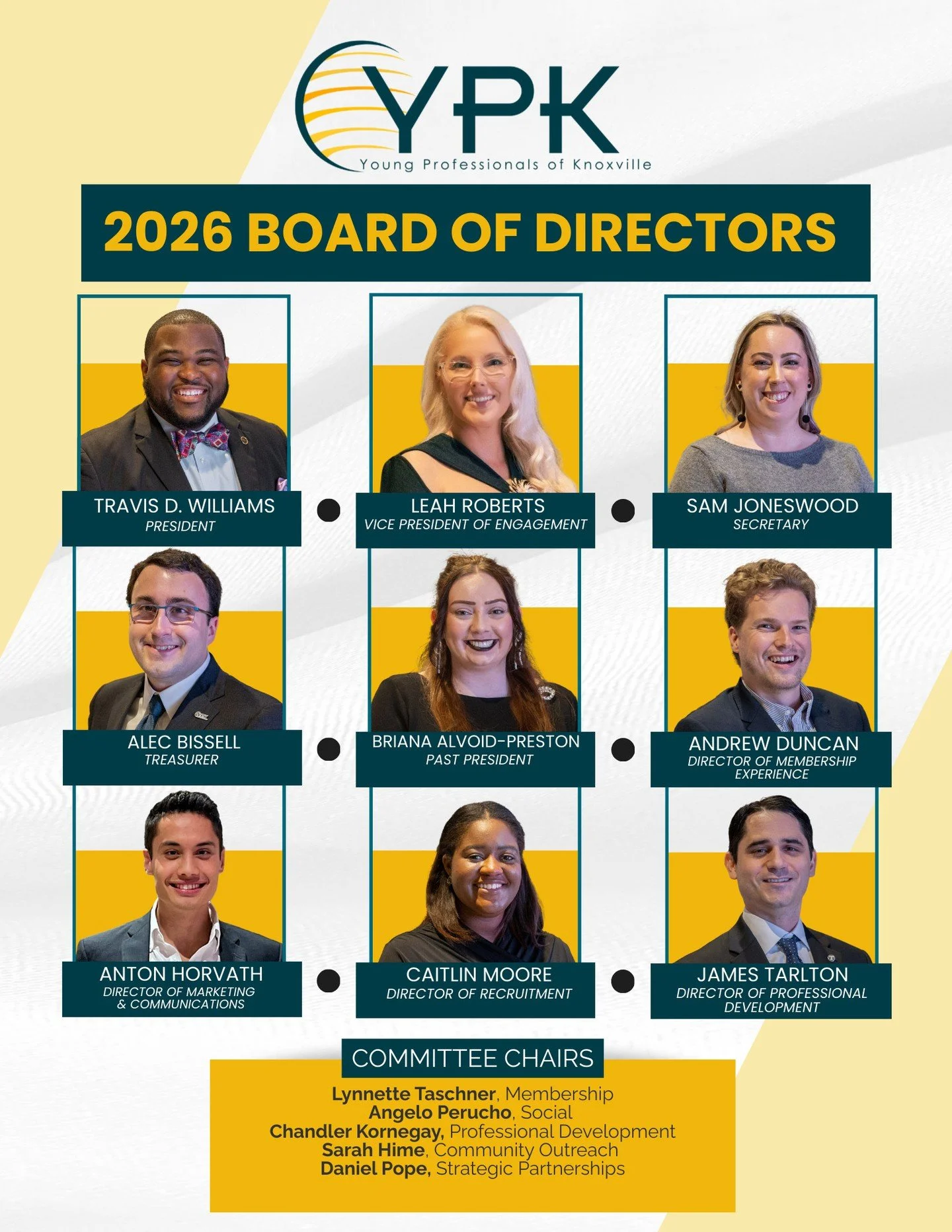 Young Professionals of Knoxville (YPK) is proud to announce the 𝟐𝟎𝟐𝟔 𝐁𝐨𝐚𝐫𝐝 𝐨𝐟 𝐃𝐢𝐫𝐞𝐜𝐭𝐨𝐫𝐬, a dynamic and diverse group of leaders committed to advancing Knoxville&rsquo;s future through professional development and community impact.