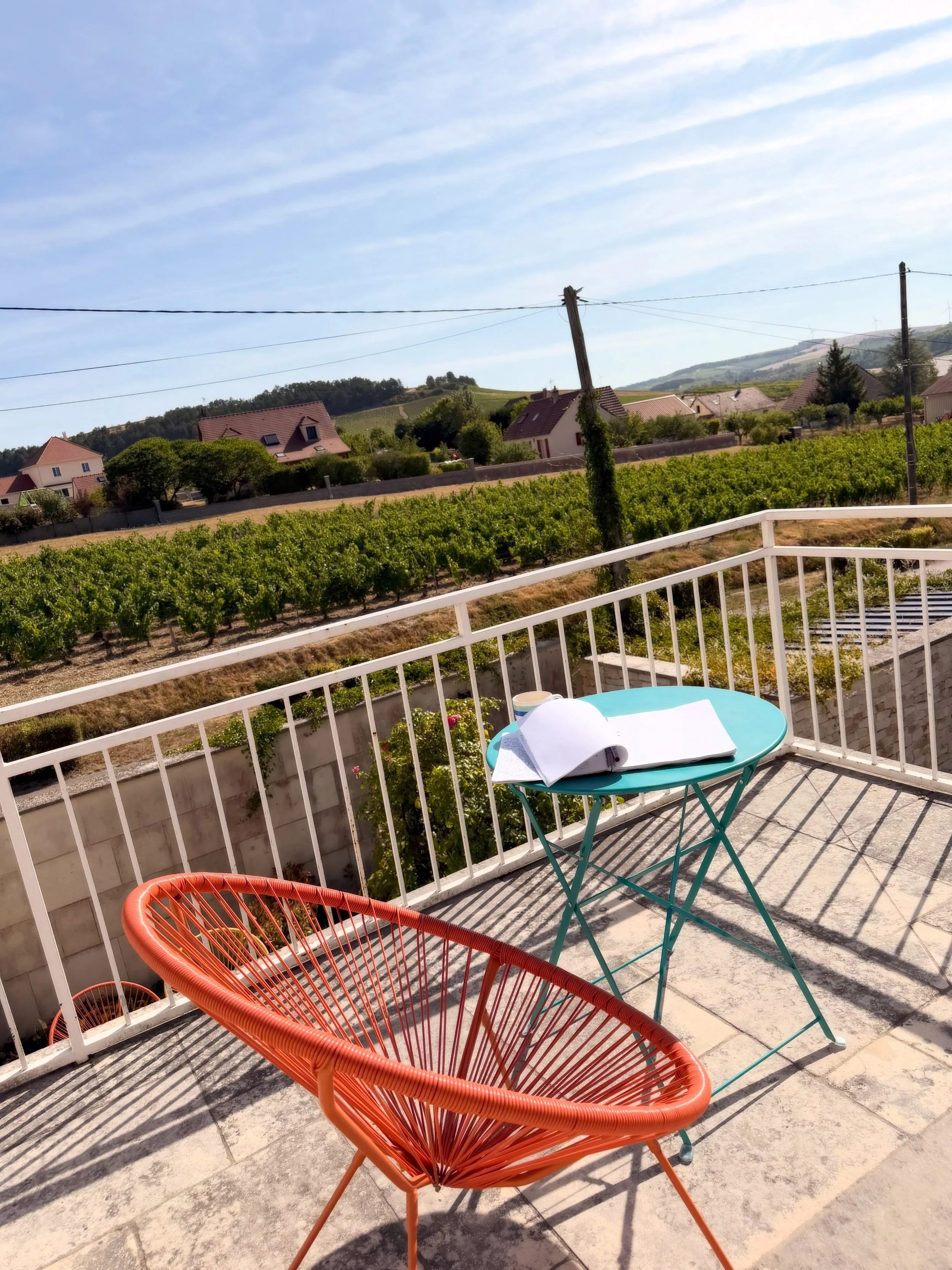 Writing cabin. Today&rsquo;s session was longhand with a view of the Bourgogne vineyards stretching and rippling like a wild sea of green. It will never seize to amaze me that we mere mortals each have within us the ability to tap into something othe