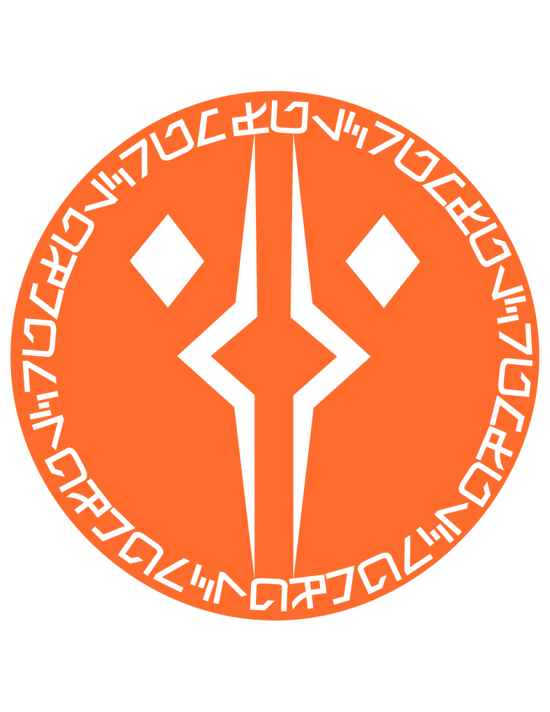Orange circle with Sci-fi text around the circumference and symbol in the middle.