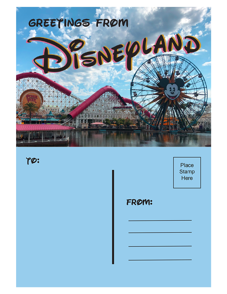 Front and back of a postcard reading "Greetings from Disneyland" over an image of California Adventure.