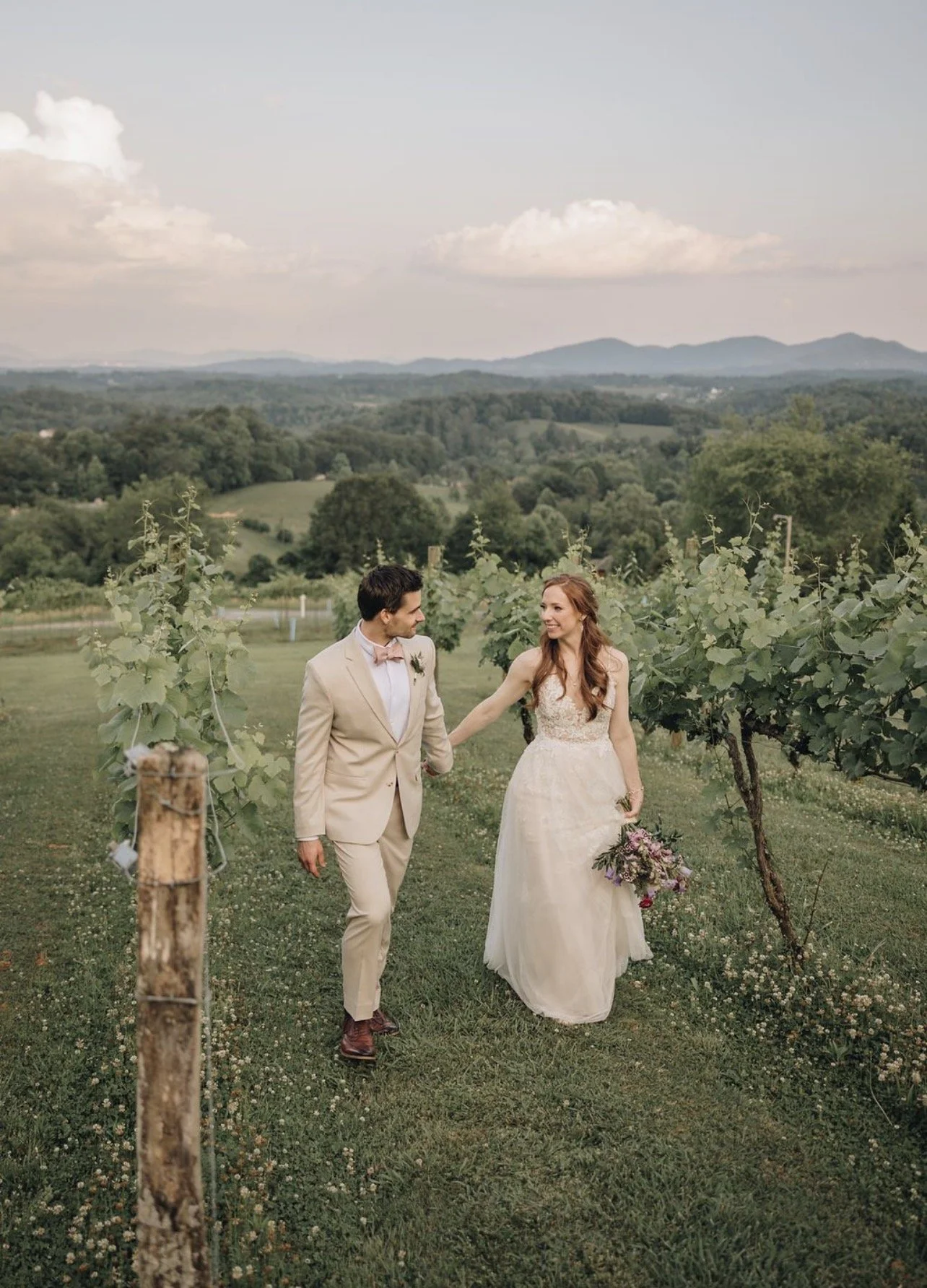 Couple walking through rows at a Blue Ridge Mountain vineyard wedding near Asheville, North Carolina