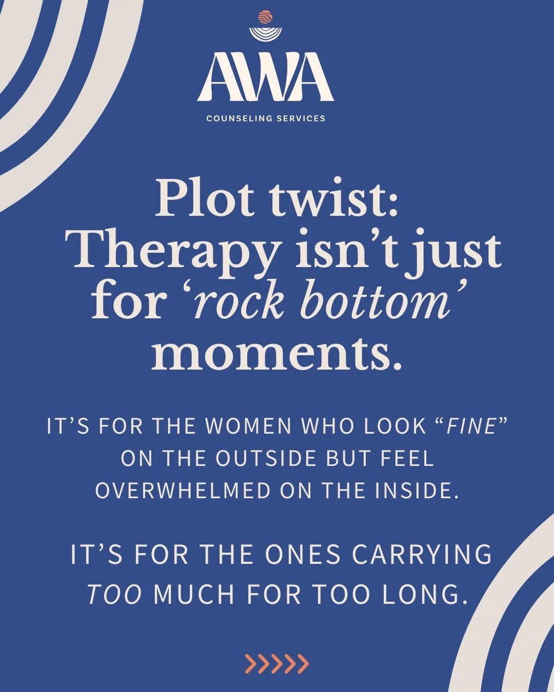 Plot twist: Therapy isn&rsquo;t just for &lsquo;rock bottom&rsquo; moments.

It&rsquo;s for the women carrying too much for too long.
It&rsquo;s for unlearning perfectionism.
It&rsquo;s for naming what hurts.
It&rsquo;s for finding joy in the middle 