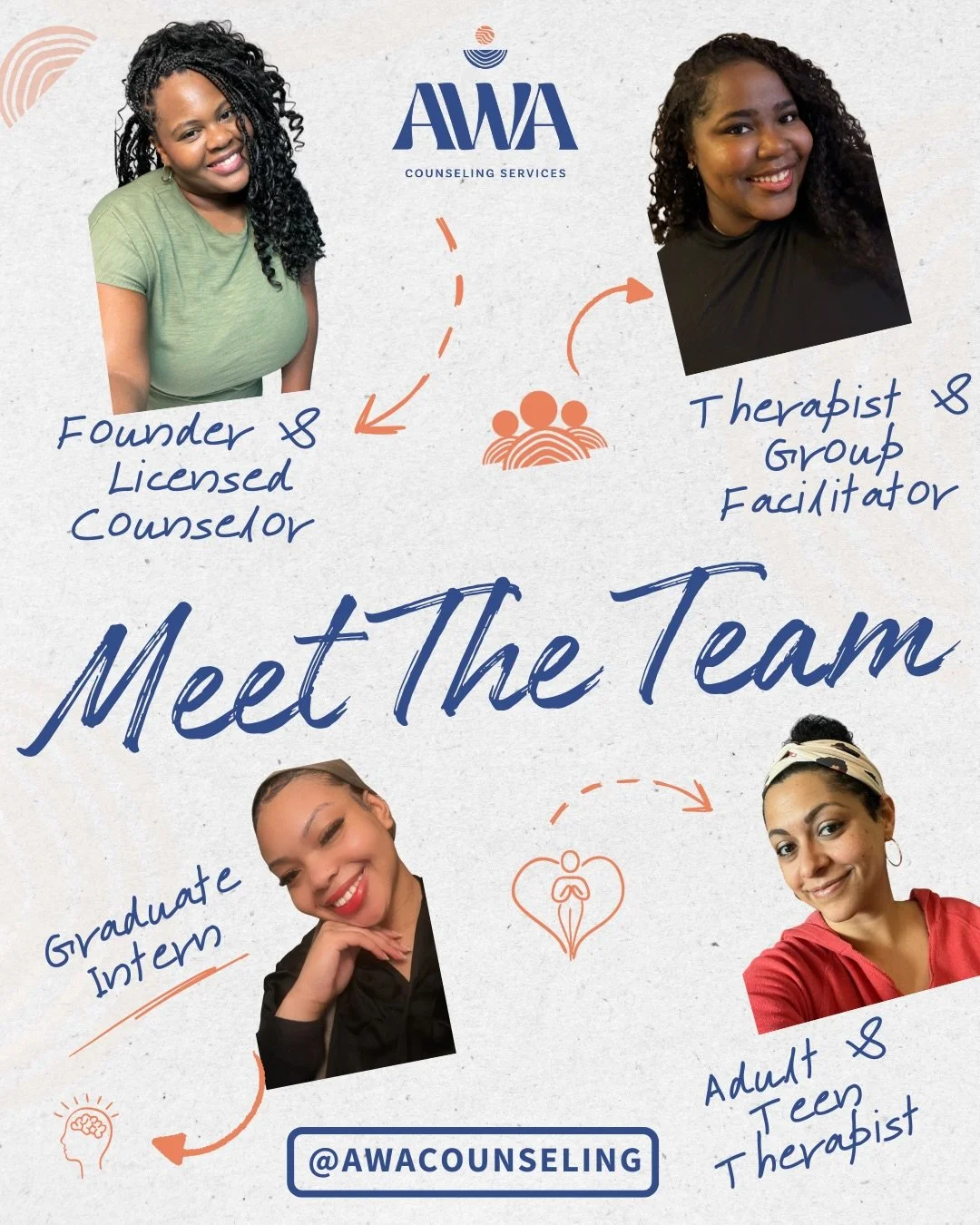 The faces behind the mission 💻🧠💛 Real women. Real talk. Real healing. 
Meet the brilliant therapists who make up the AWA Counseling team; each with their own superpower, specialty, and story.
We&rsquo;re so proud of this team and the care we get t