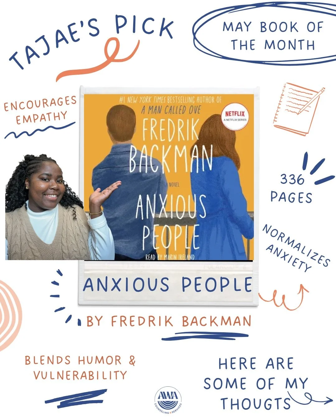 May always brings that &ldquo;in-between&rdquo; energy, doesn&rsquo;t it? 🌸
Spring is settling in, routines are shifting, school years are wrapping up&hellip;
That&rsquo;s why our AWA Book of the Month for May is Anxious People by Fredrik Backman. ?