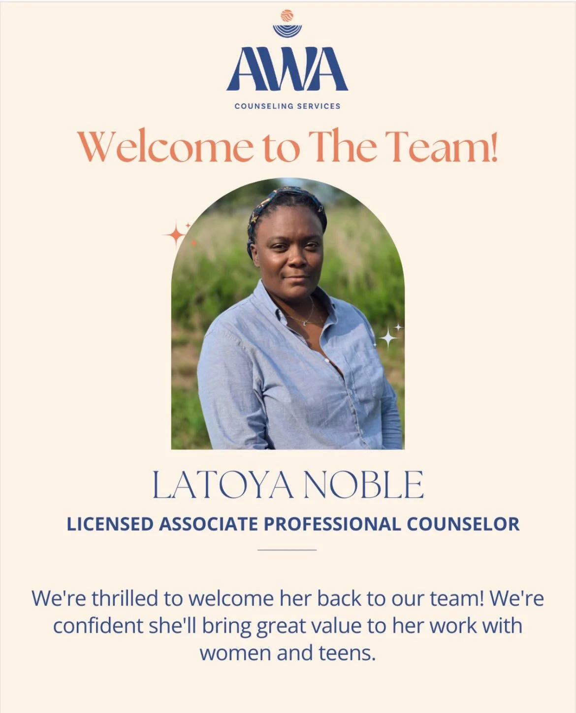 Growing our village so we can better serve yours!

We are excited to officially welcome two incredible clinicians to the AWA Counseling family! 

Please help us show some major love to Latoya, LAPC and Suhayla, Clinical Intern! 

At AWA, our mission 