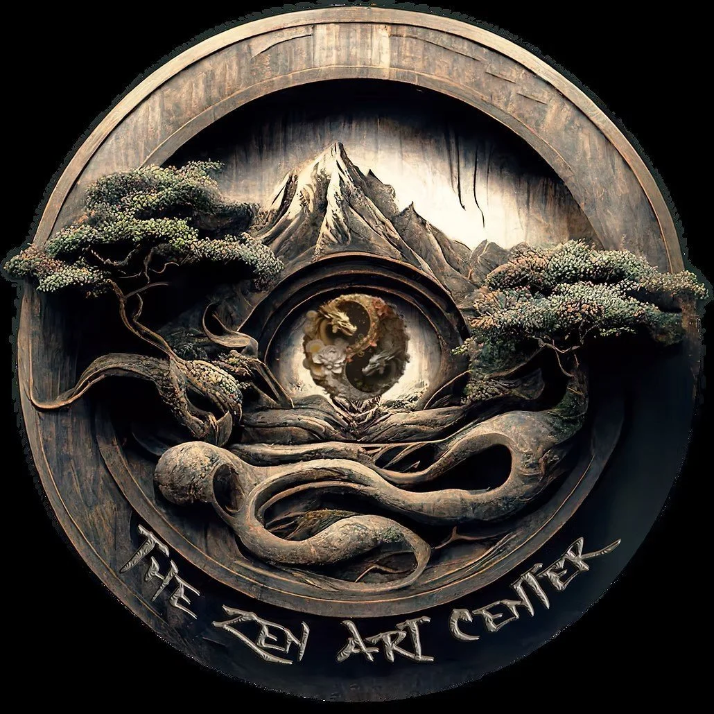 Circular wooden art piece featuring a mountain scene with trees, a dragon, and a yin-yang symbol in the center, with the text "The Zen Art Center" at the bottom.