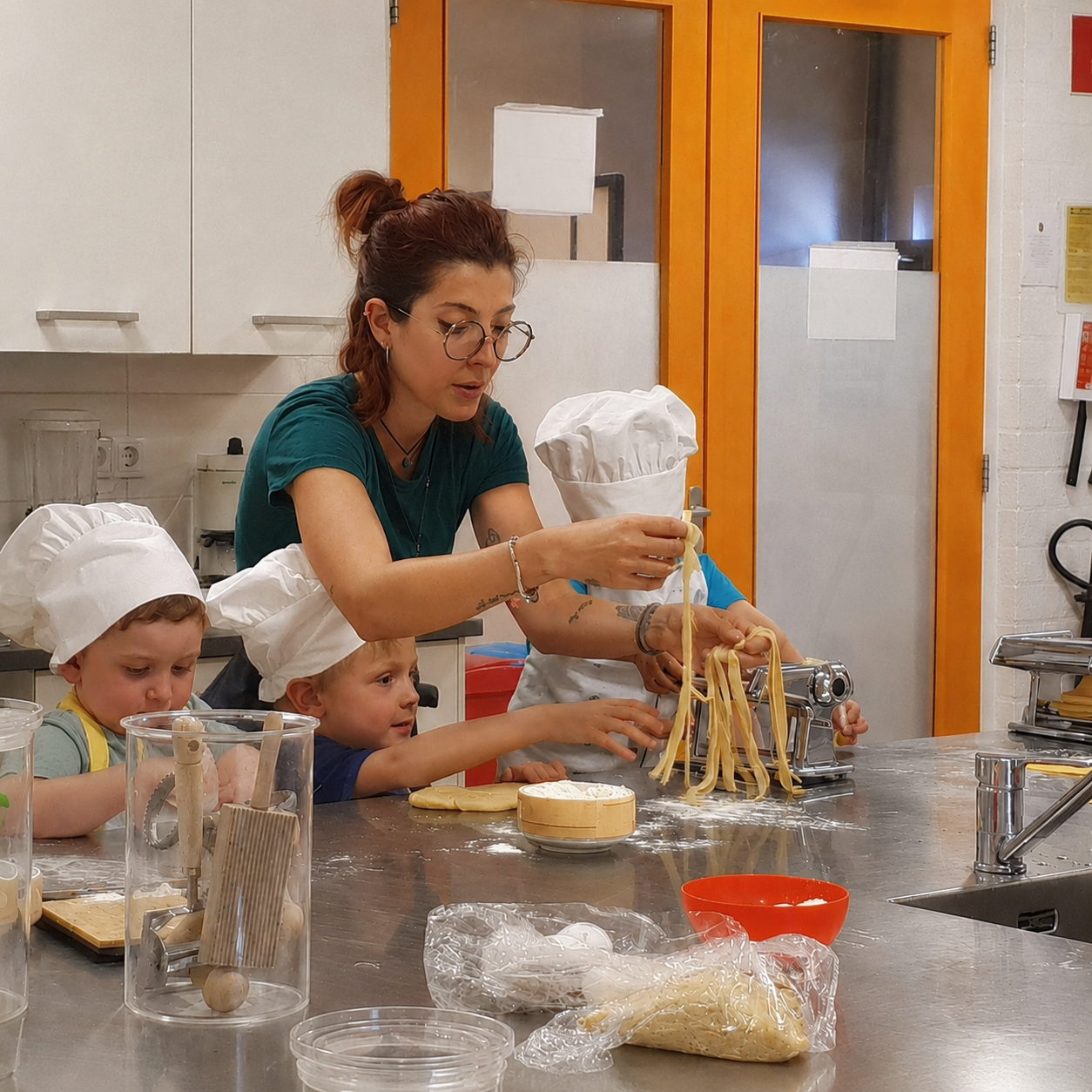 woman cooking with children