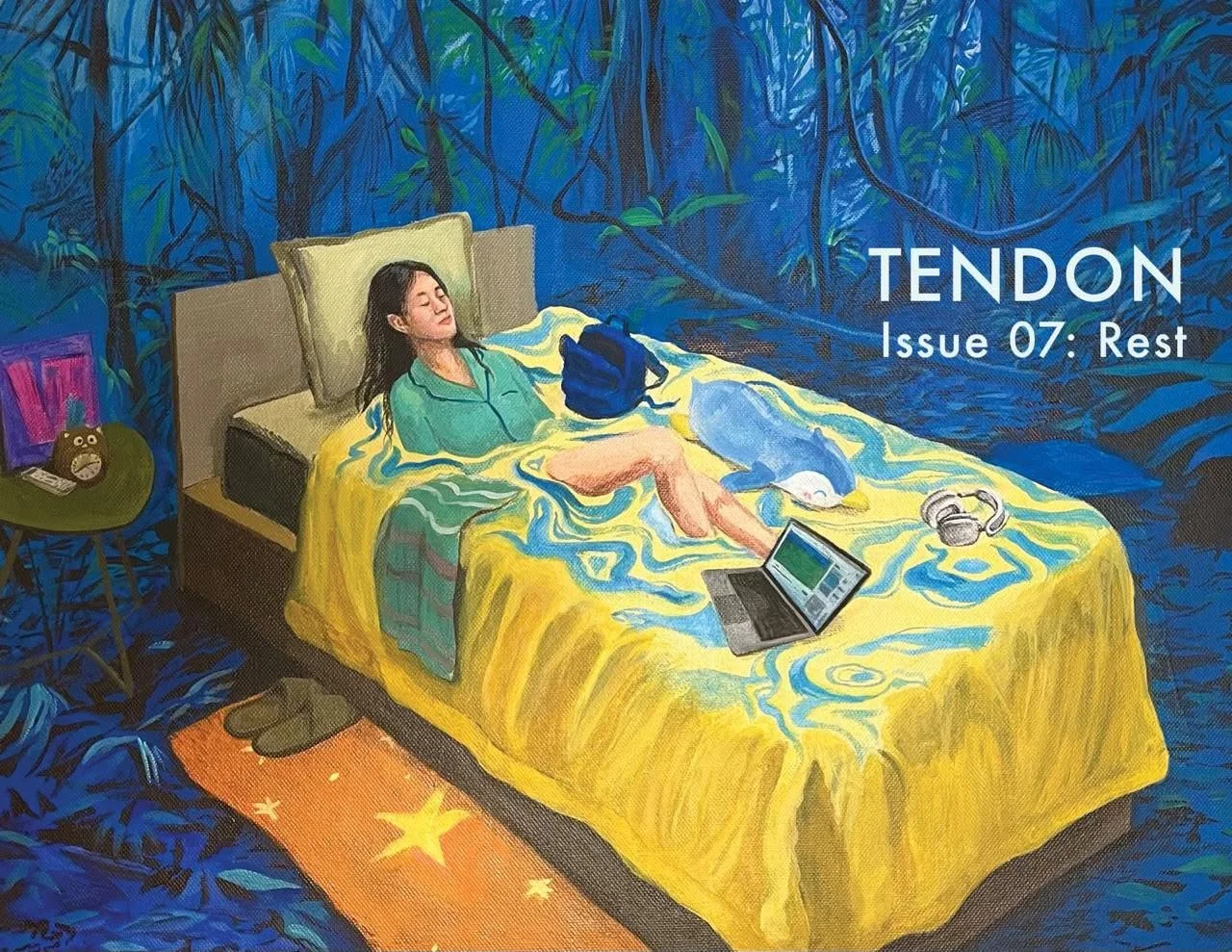 An abstract poster for Tendon Magazine, feature spirals and swirls on a black background