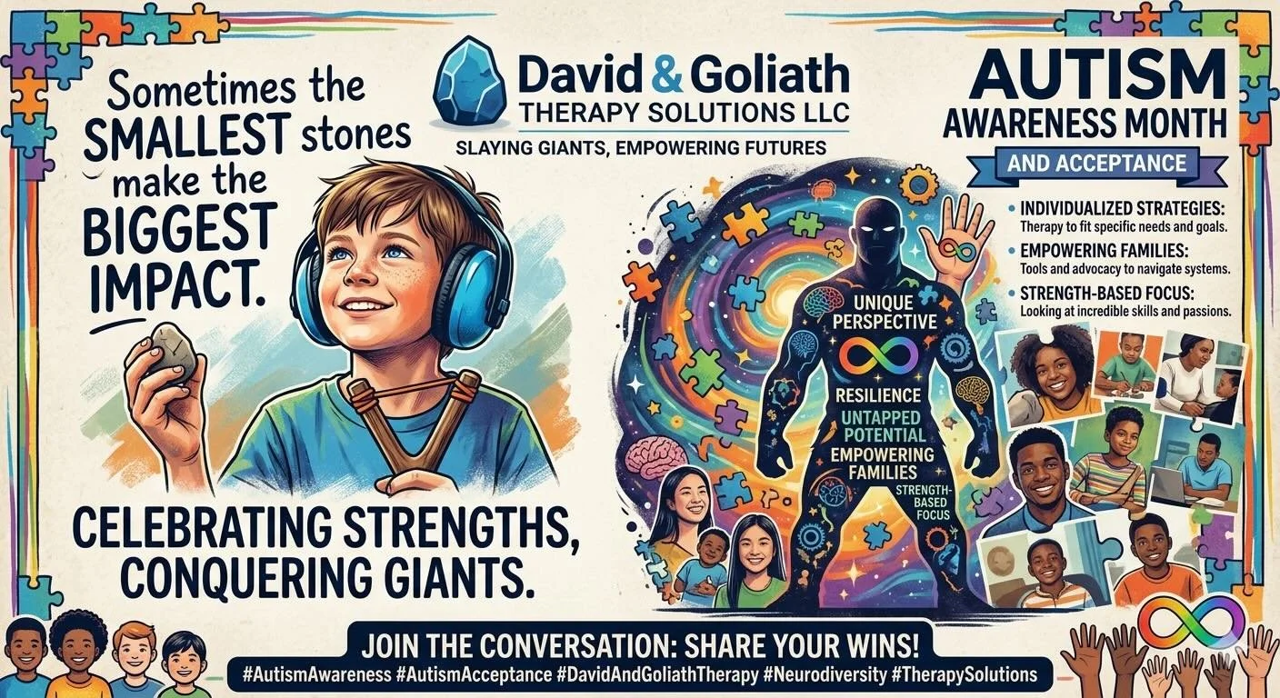 🧩 Celebrating Strengths, Conquering Giants
At David and Goliath Therapy Solutions LLC, we believe that while the world can sometimes feel like a giant, every individual has the &ldquo;slingshot&rdquo; they need to succeed: unique perspective, resili