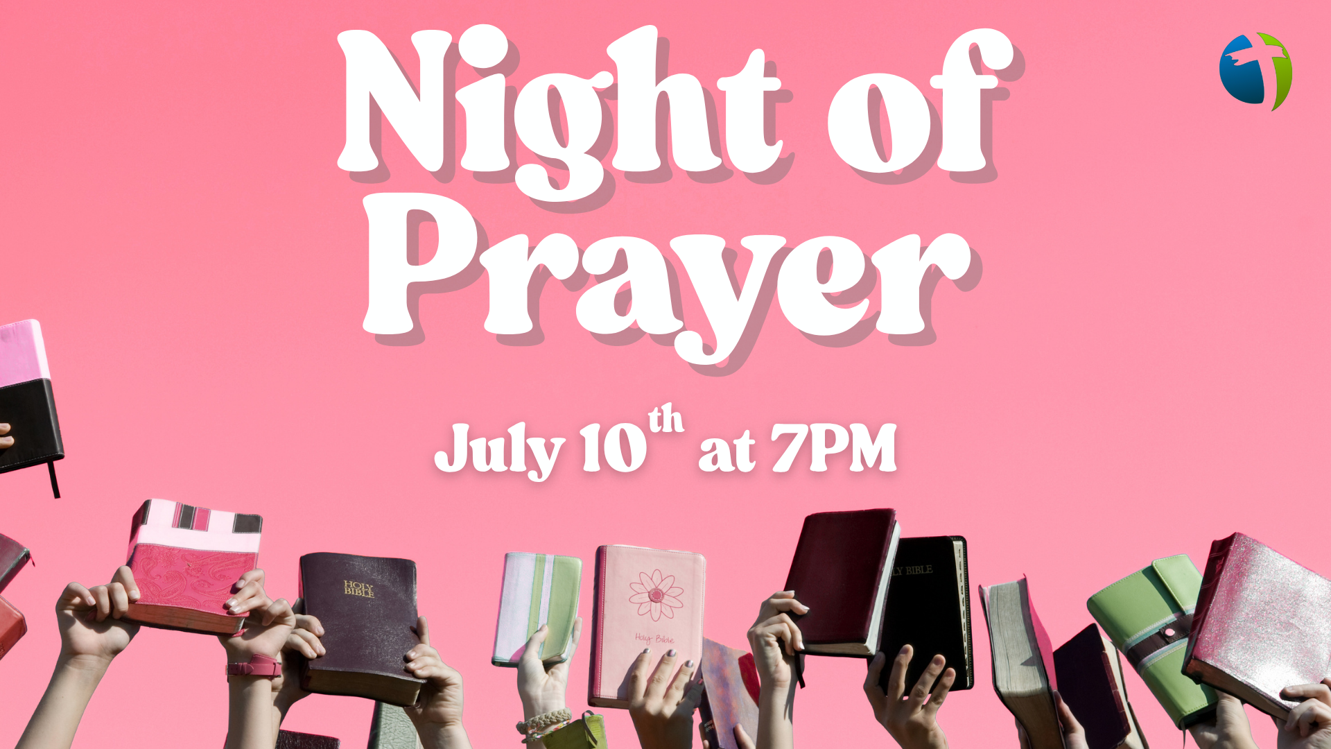 People holding up books and Bibles against a bright blue sky, with a text overlay for a church event titled "Night of Prayer" scheduled for May 8th at 7 PM.