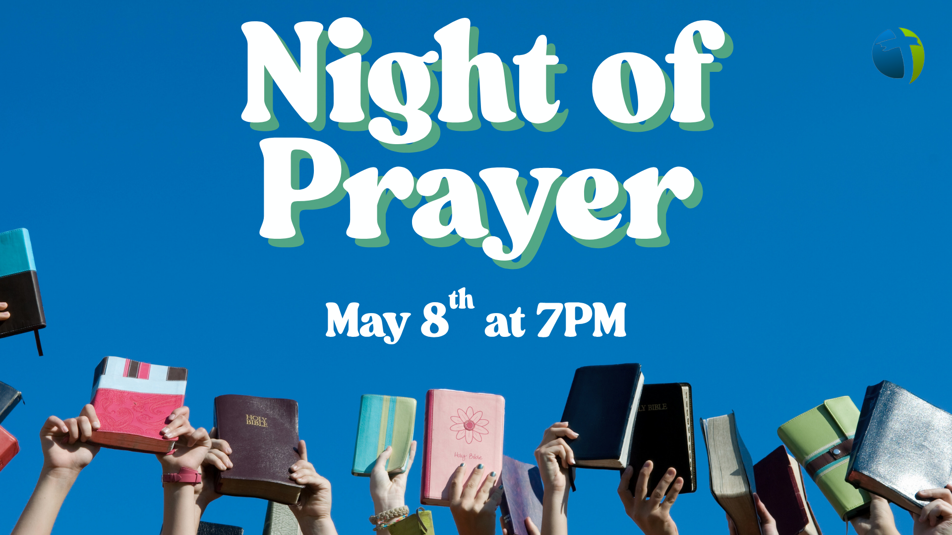 Children holding up Bibles and prayer books during a Night of Prayer event on a sunny day.