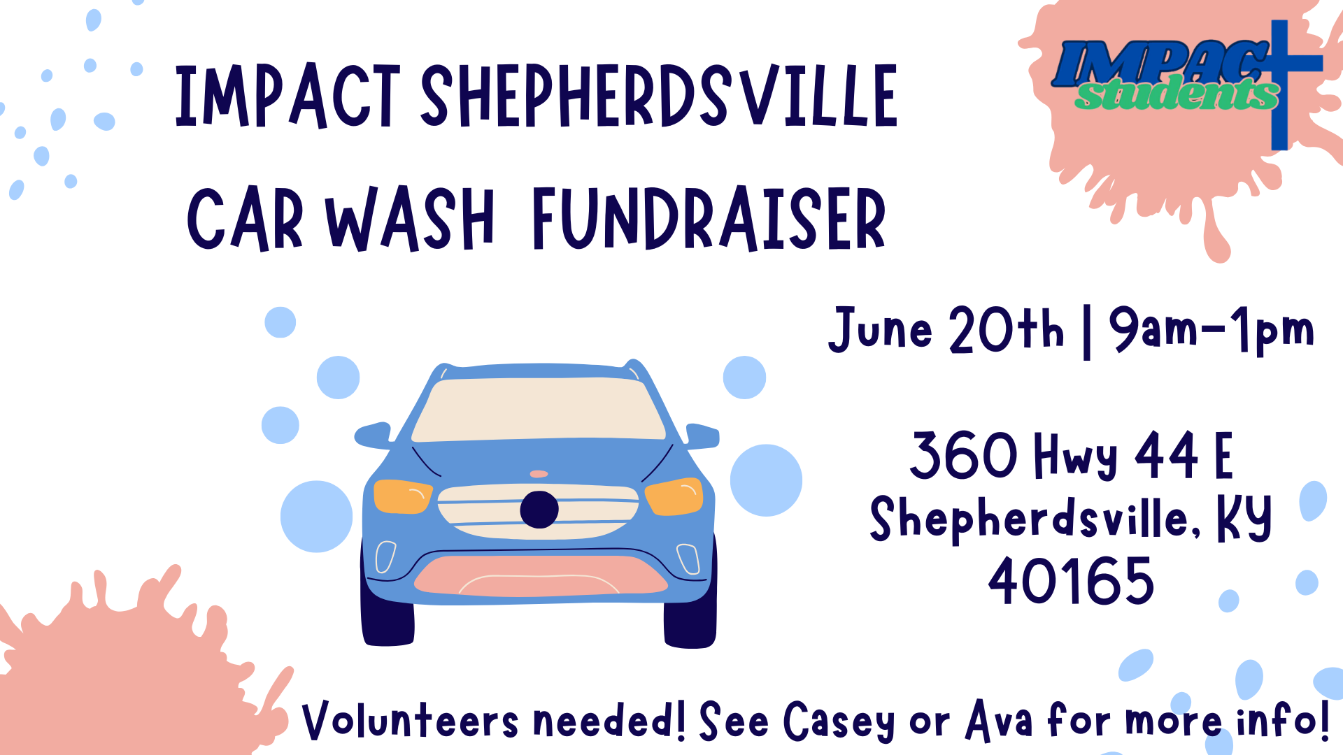 Flyer for Impact Shepherdsville Flea Market advertising a family event with bake sales and food on May 16th, 2026, from 9 AM to 4 PM, featuring a green and blue theme with megaphone graphics.