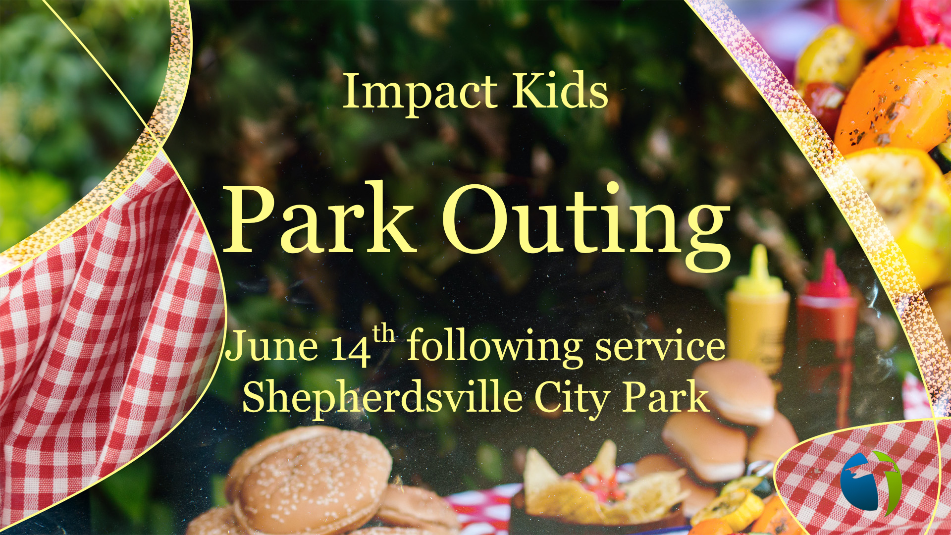 A promotional flyer for Impact Kids Park Outing on May 17th, featuring a background of blurred green foliage, red and white checkered tablecloth, and images of food including burgers, hot dogs, and condiments.