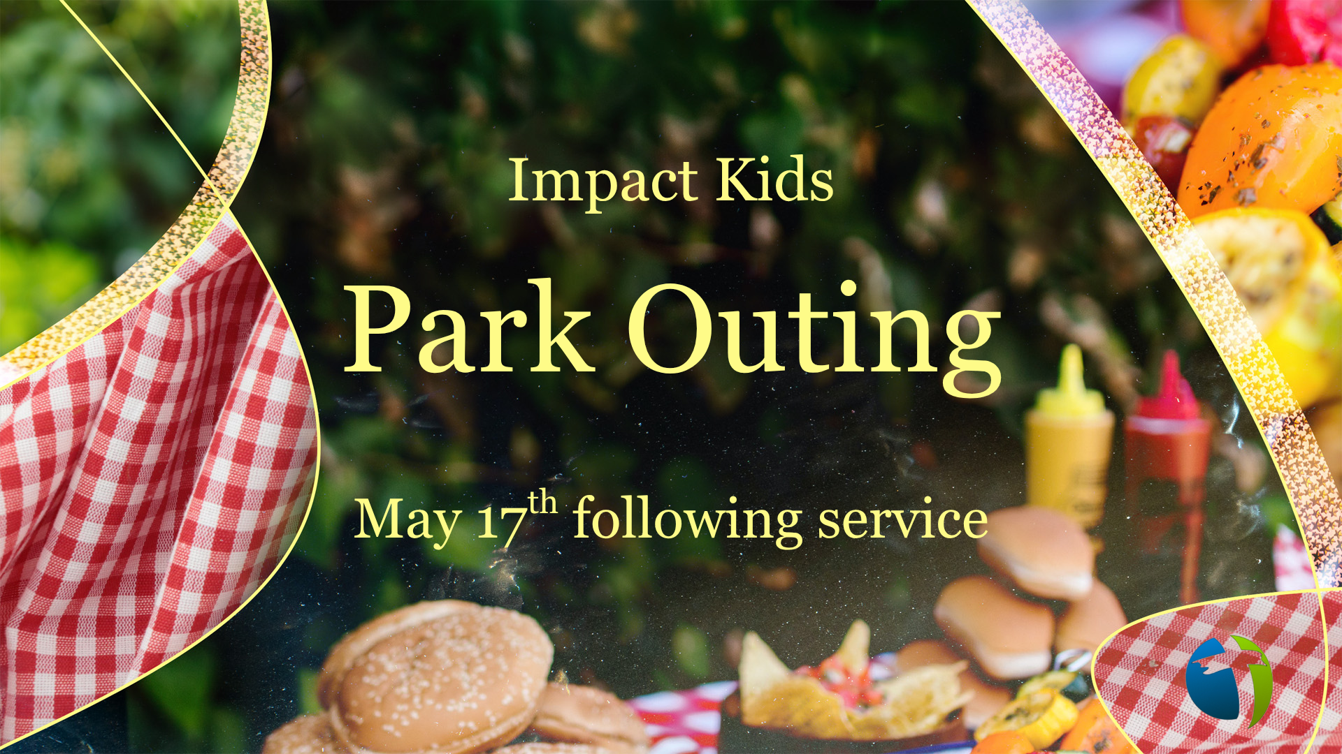 Event announcement for Impact Kids Park Outing on May 17th with a background of a park scene and food, including a burger, hot dogs, and condiments, framed by ribbon-like patterns and a globe logo.