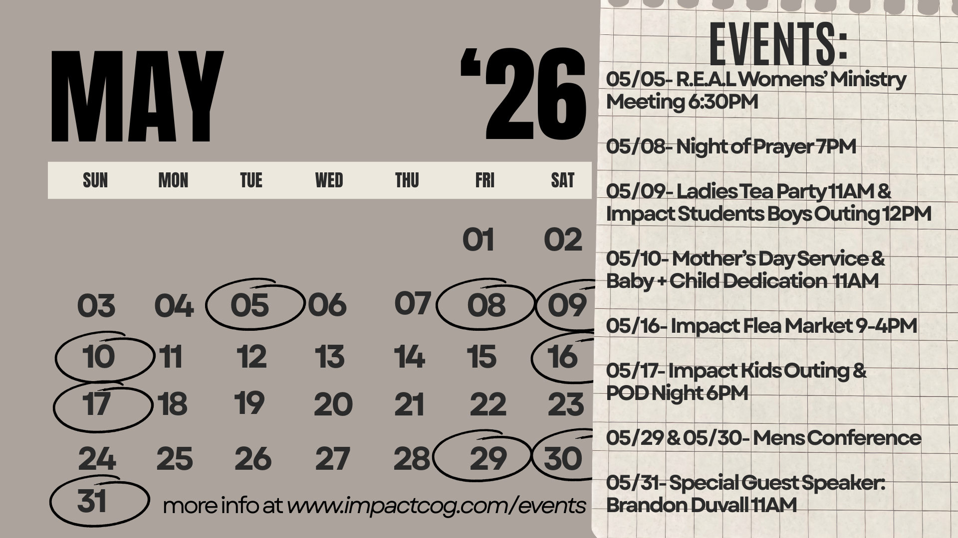 Calendar for the month of May with circled dates and a list of events on the right side, including women's ministry meeting, prayer night, ladies tea party, impact students boys outing, mother's day service, flea market, kids outing, men's conference, and guest speaker.