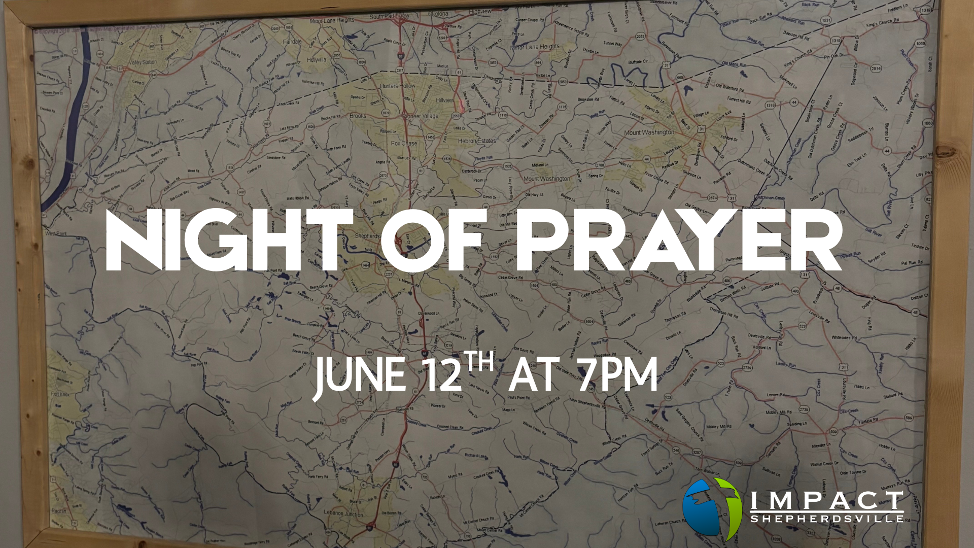People holding up books and Bibles against a bright blue sky, with a text overlay for a church event titled "Night of Prayer" scheduled for May 8th at 7 PM.