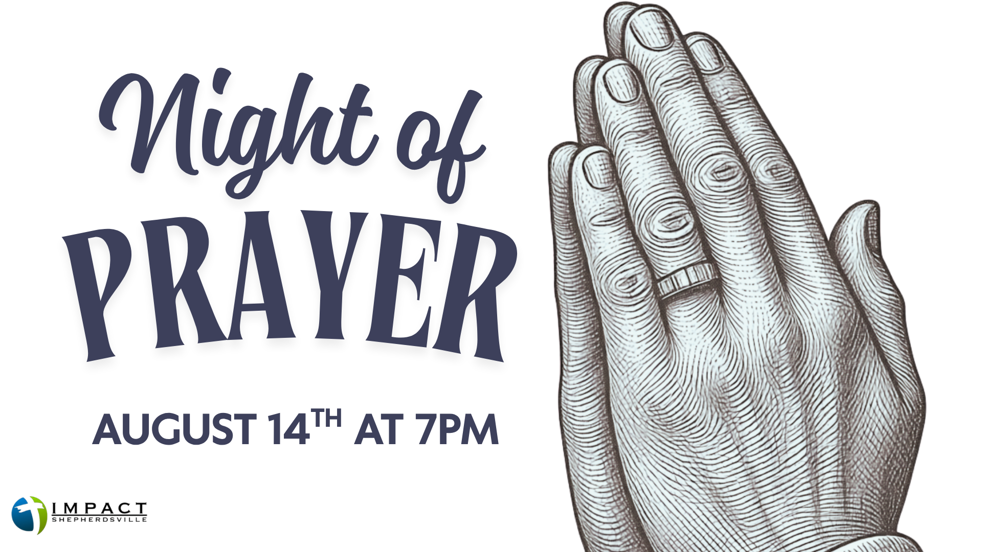 People holding up books and Bibles against a bright blue sky, with a text overlay for a church event titled "Night of Prayer" scheduled for May 8th at 7 PM.