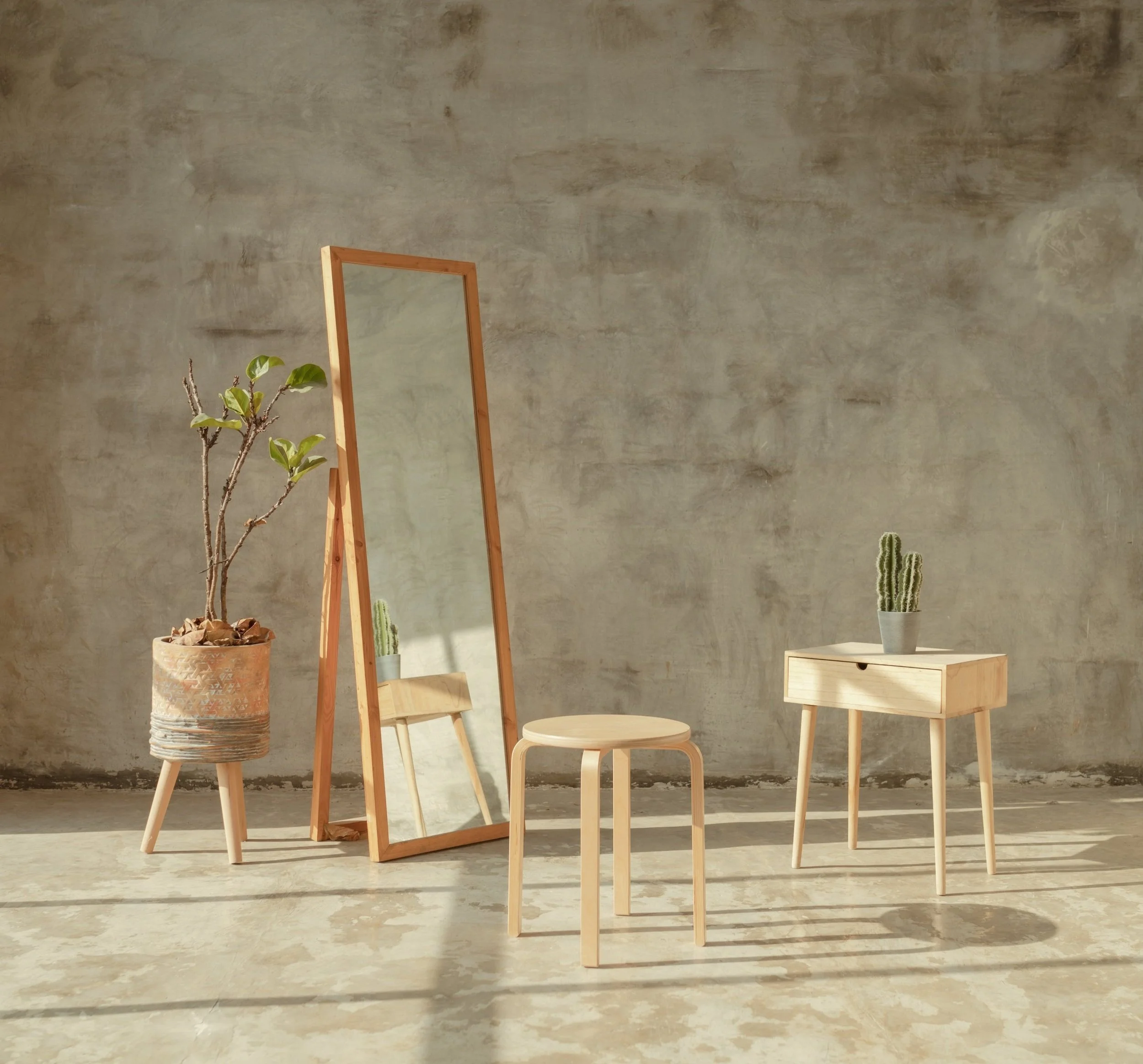 Modern minimalist room with a full-length wooden mirror, a small wooden stool, a wooden side table with a cactus plant, and a potted plant with thin branches.