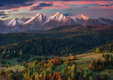 Mountain landscape with autumn forest and sunset sky