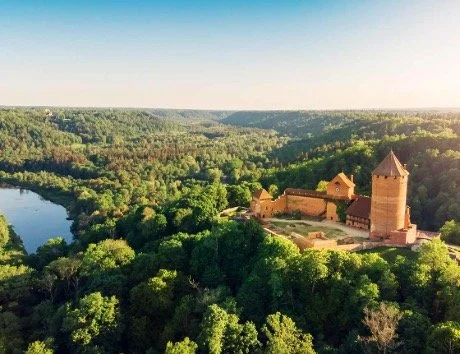 Aerial view of a historic castle surrounded by dense forest and a river, with a distant valley landscape under a clear blue sky.