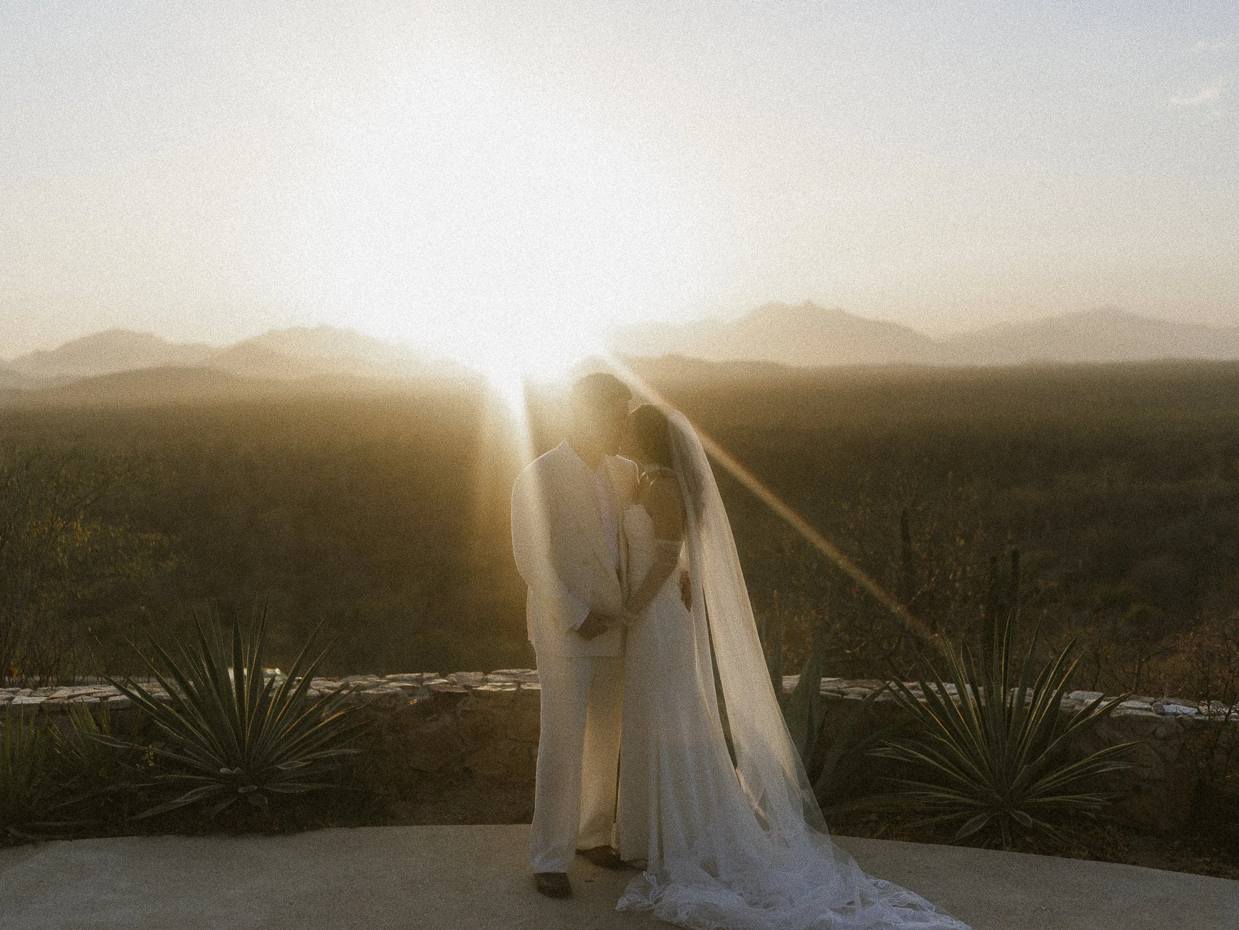 Bride and groom sharing a kiss at sunset outdoors with desert plants and mountains in the background.