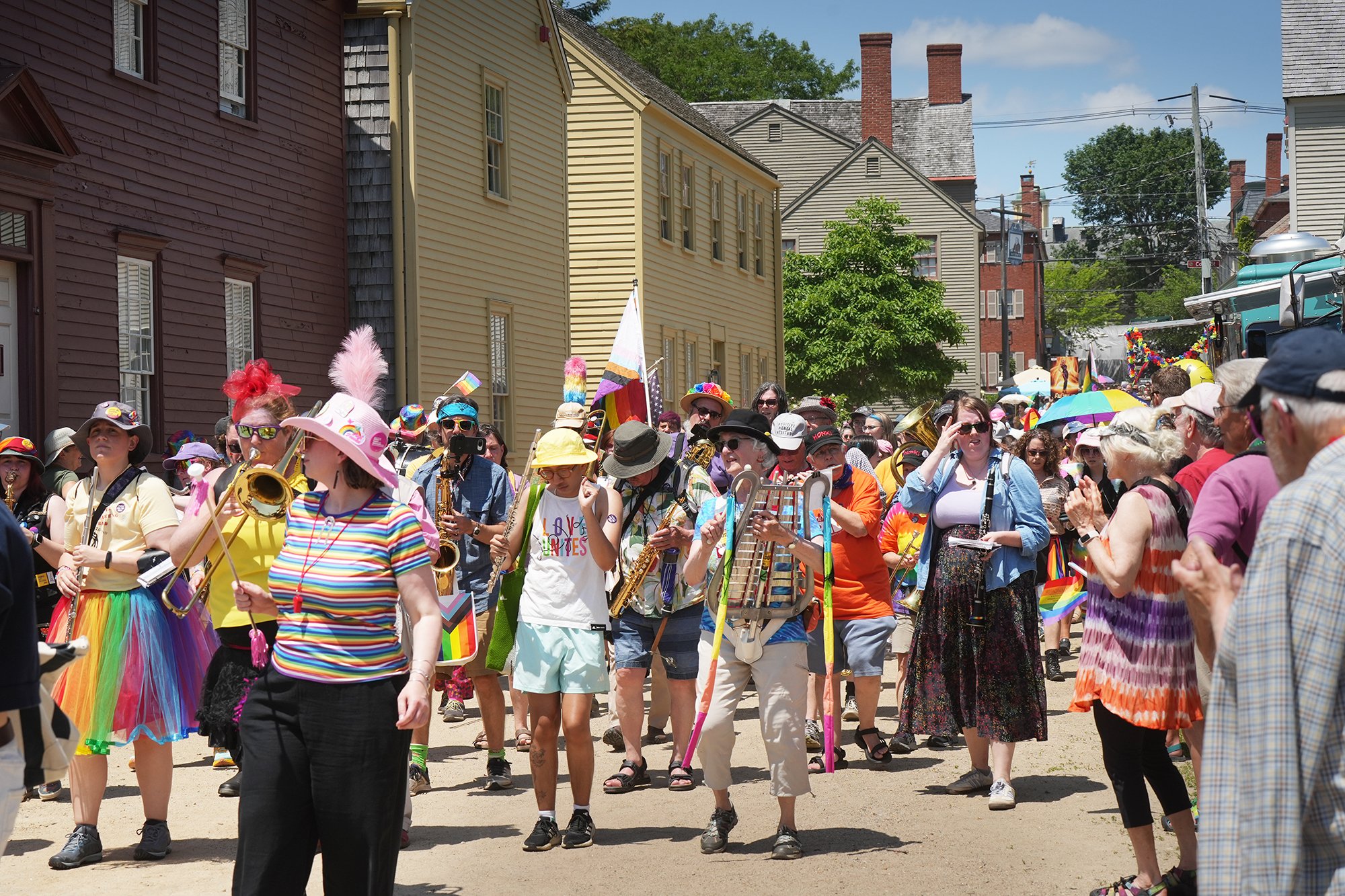 A large crowd filters into historic Strawbery Banke to celebrate Portsmouth Pride.