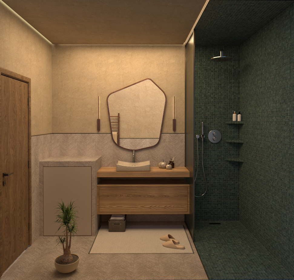 Modern bathroom with a beige wall, wooden vanity, and unique mirror above a sink, adjacent to a tiled green shower area with shelving and a rain shower head.