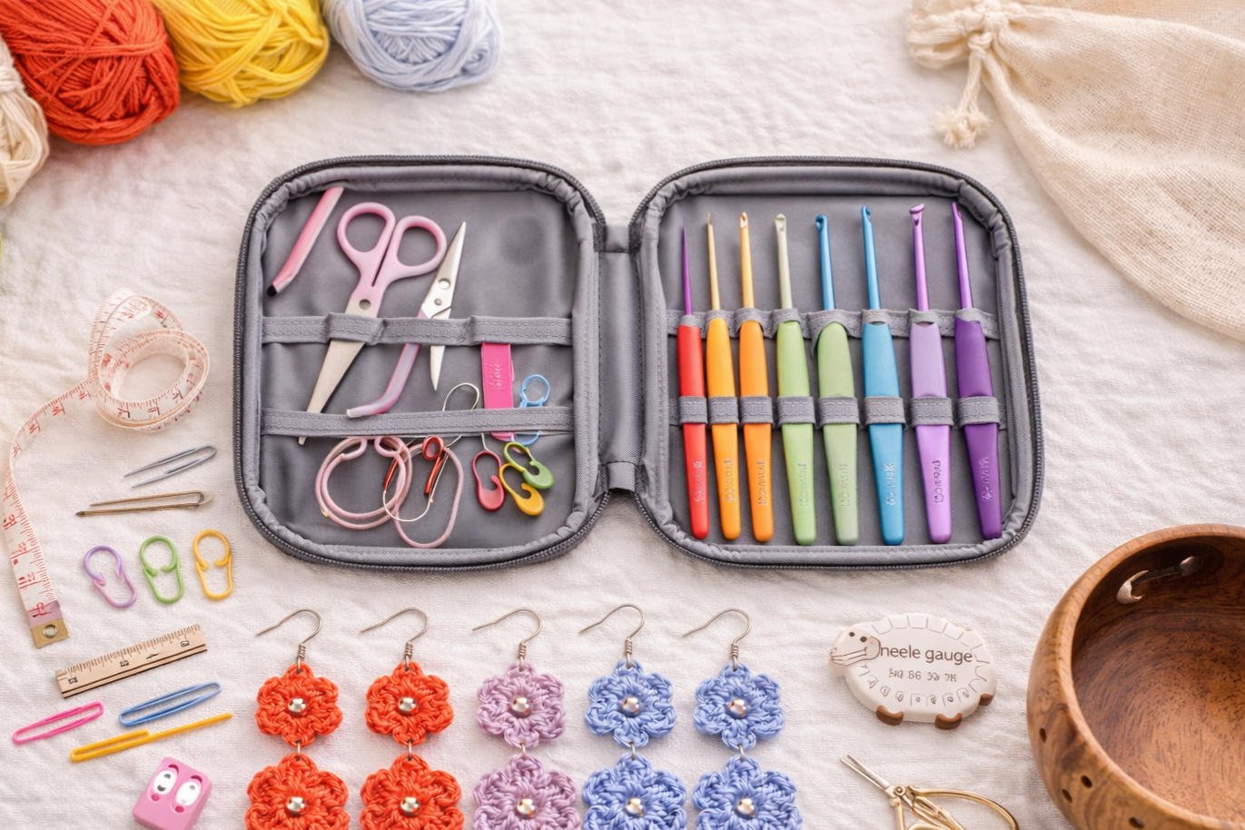 A collection of crochet hooks, scissors, pins, and colorful yarn balls on a cloth surface, with a zippered case holding additional craft tools and a wooden bowl.