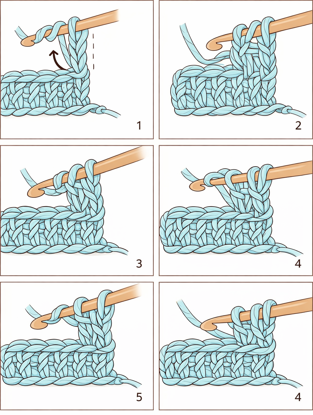 Step-by-step crochet tutorial showing the process of creating a treble crochet stitch with light blue yarn and a crochet hook.