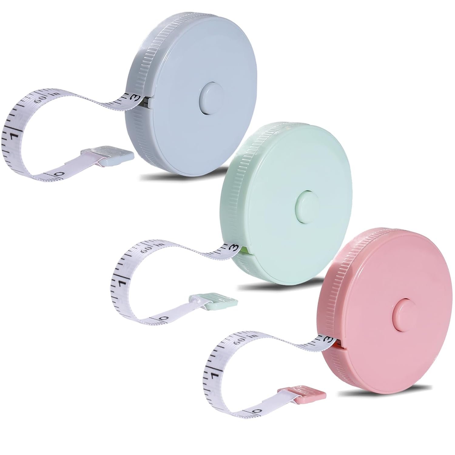 Three pastel-colored retractable measuring tapes in blue, green, and pink, with white measuring ribbons extended.