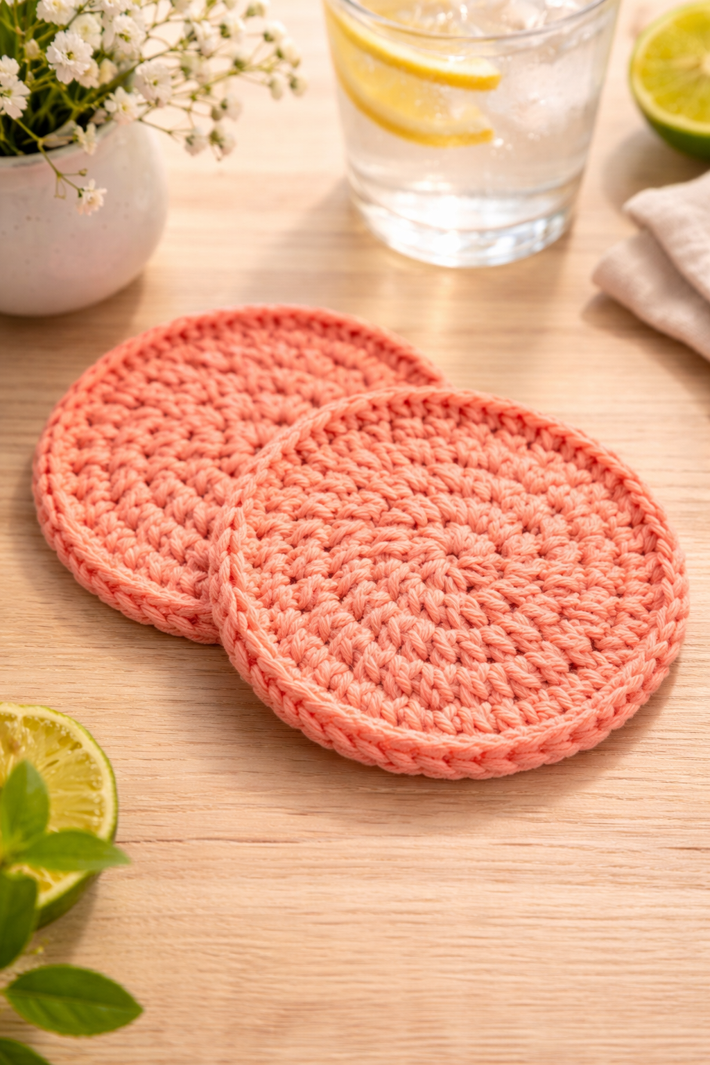 Two coral-colored crocheted coasters on a light wooden table with a vase of white flowers, a glass of water with lemon slices, a halved lime, and a neutral-colored cloth nearby.