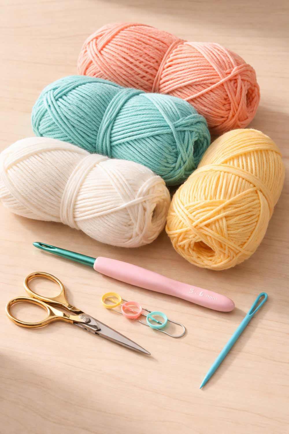 Colorful balls of yarn and crochet tools on a wooden surface, including scissors, a crochet hook, and stitch markers.