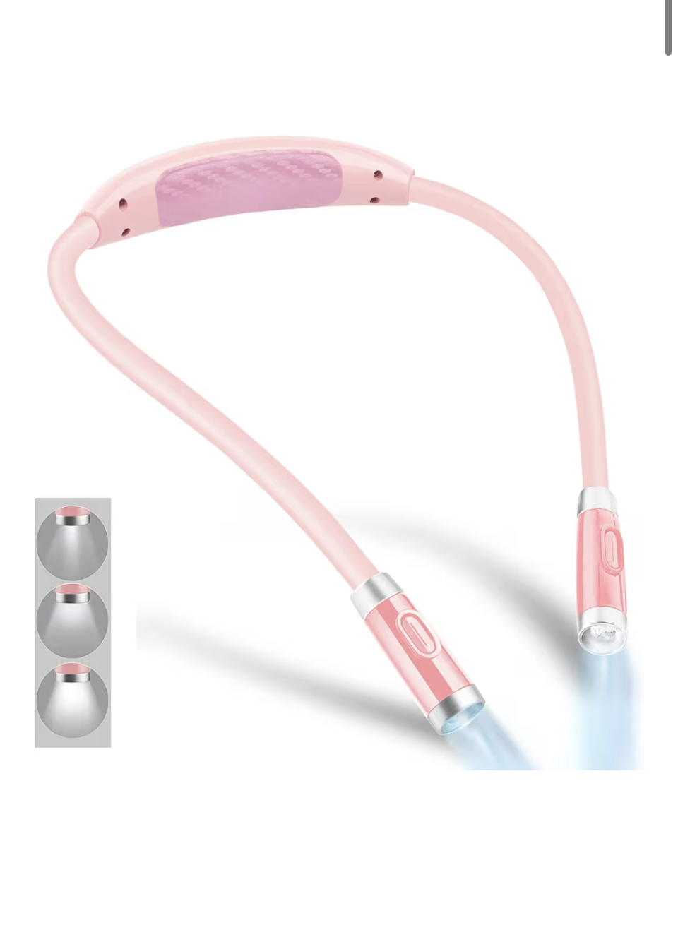 Pink wireless neckband with built-in LED lights and three small images showing different nozzle attachments.