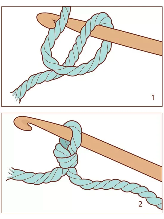 Step-by-step illustration demonstrating how to tie a knot with a light blue rope and a wooden stick.
