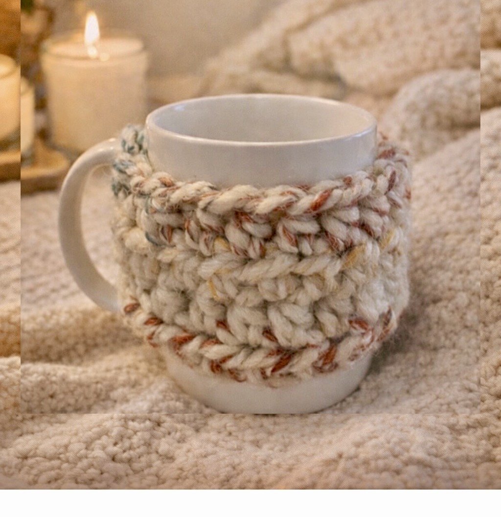 A white ceramic mug with a chunky knit cozy wrapped around it, set on a textured beige surface with candles in the background.