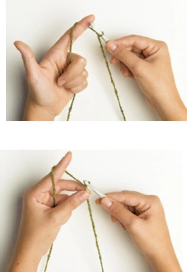 Hands demonstrating the process of casting on stitches in knitting or crochet, using green yarn and a crochet hook or knitting needle.