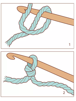 Step-by-step illustration of tying a knot with a light blue rope and a wooden stick, showing two stages of the knot- looping the rope around the stick and then forming the knot.