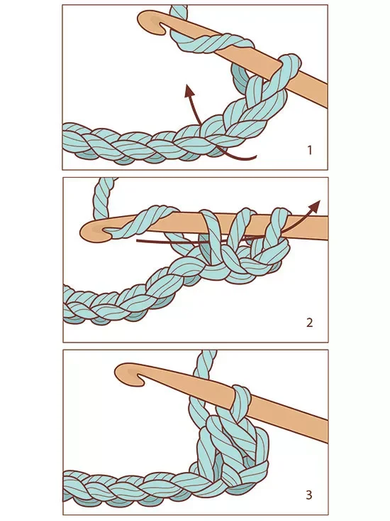 Illustration showing a step-by-step guide on tying a knot: step one involves forming a loop with the rope and securing it with a hook; step two demonstrates wrapping the rope around the hook multiple times; step three completes the knot by tucking the rope end through the initial loop, tightening it.