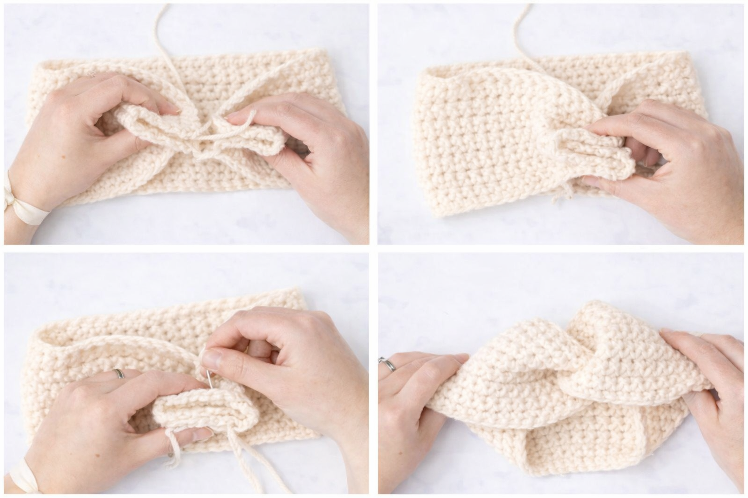 Step-by-step process of crocheting a cream-colored headband, showing hands crocheting, pulling the yarn through, sewing and completing the headband with a knot.
