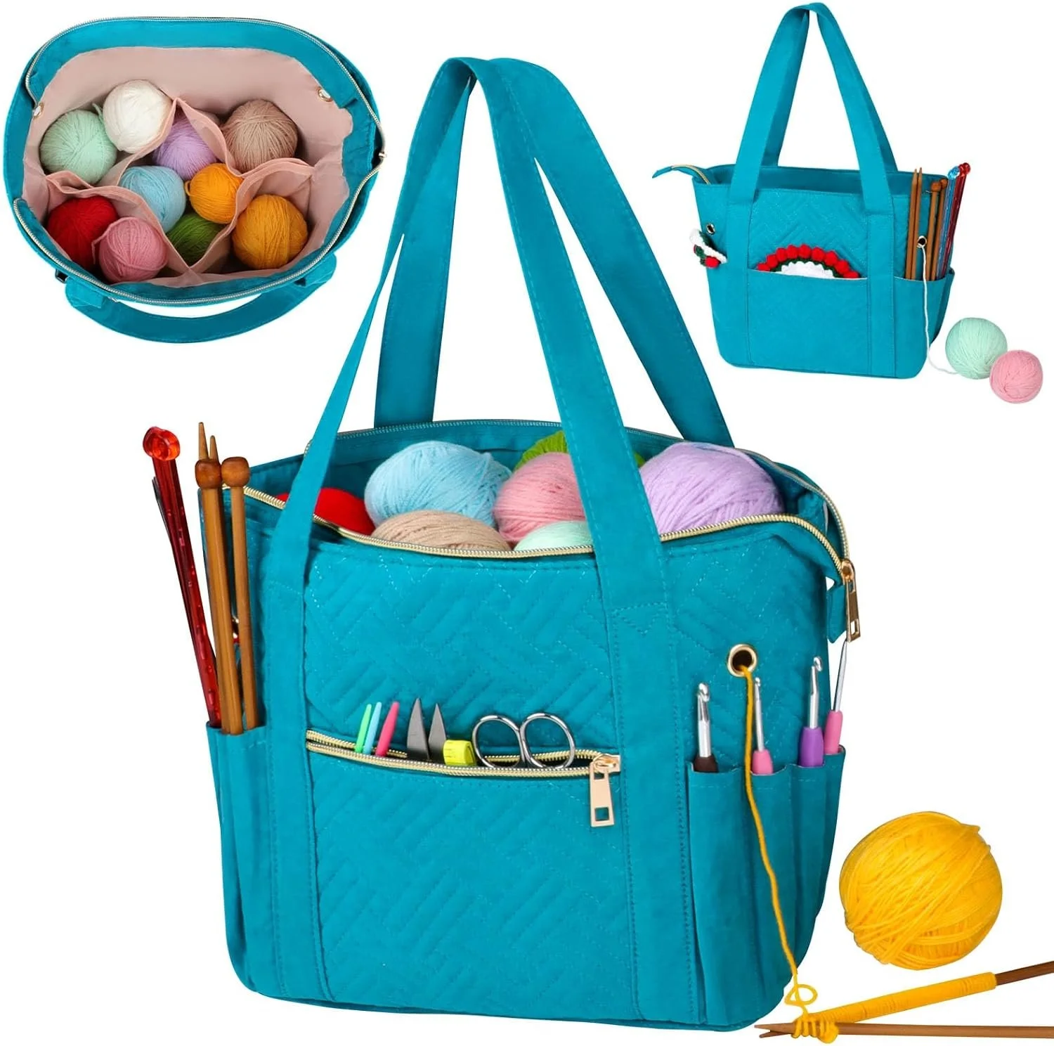 A blue knitting bag filled with colorful yarns and knitting supplies, including knitting needles, scissors, and crochet hooks. Additional yarn balls and knitting tools are shown around the bag.