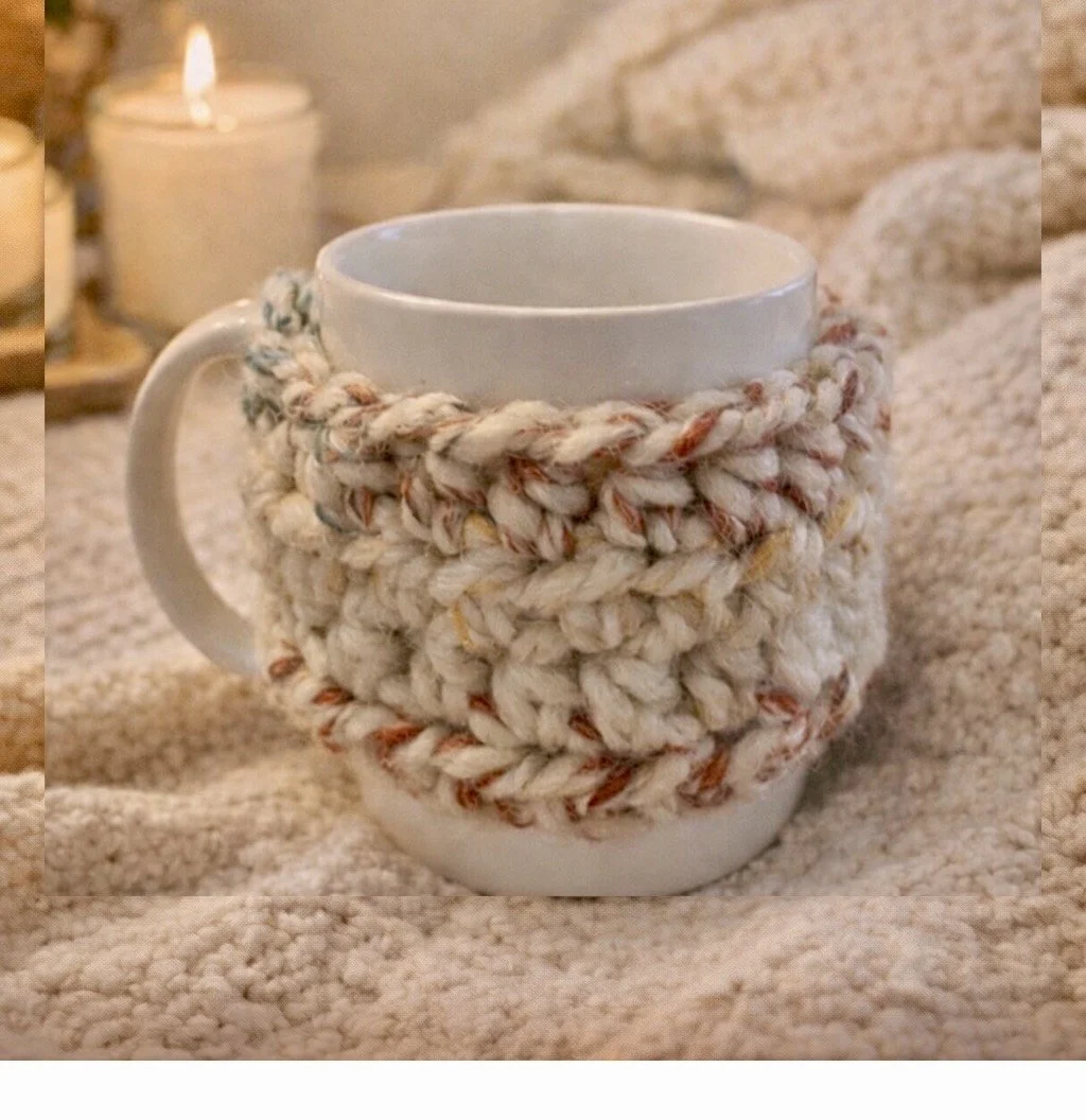 White ceramic mug with a chunky knitted cozy wrapped around it, placed on a beige textured surface with a lit candle in the background.