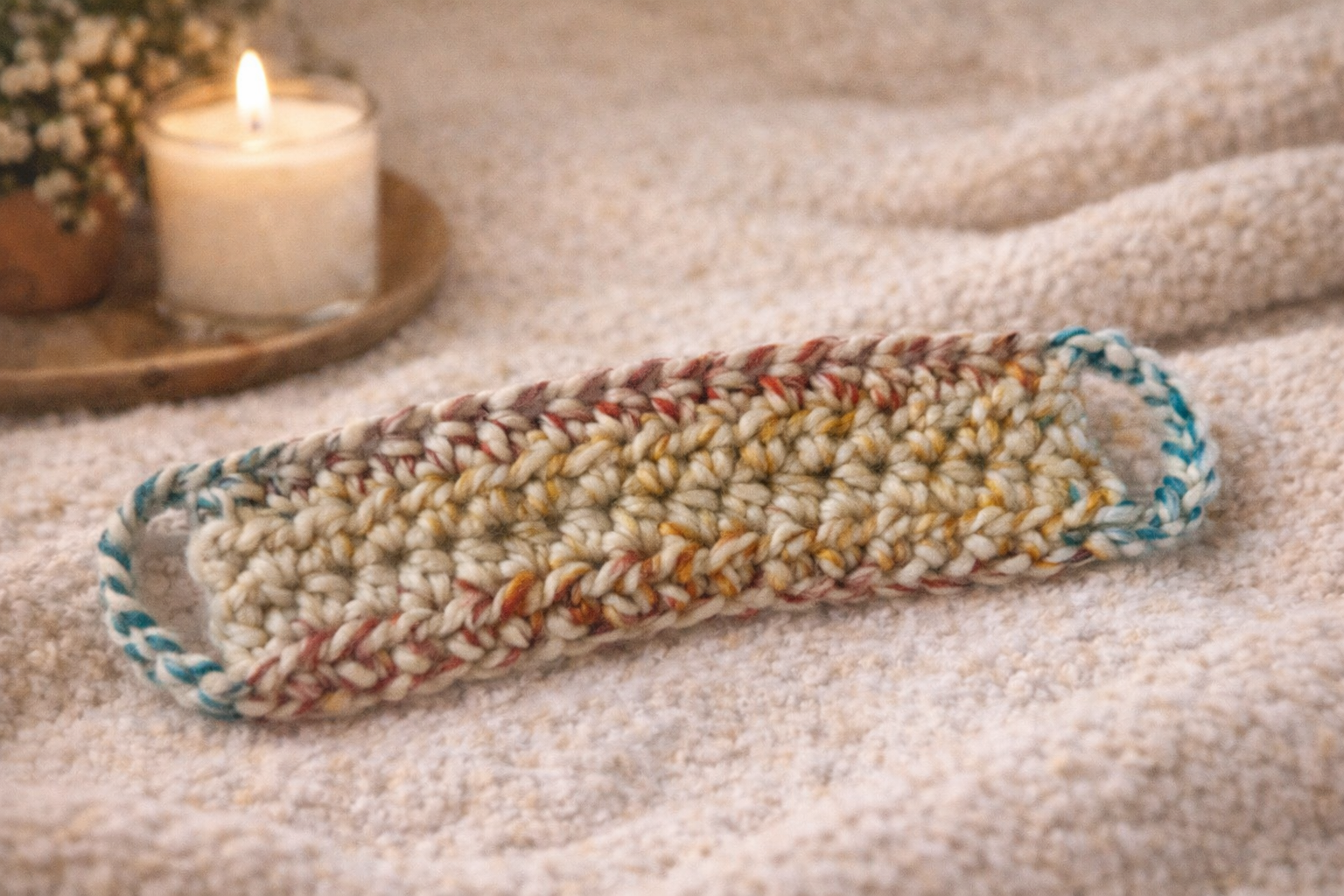 A crochet mug cozy laid out flat with a loop on each end, resting on a textured surface.