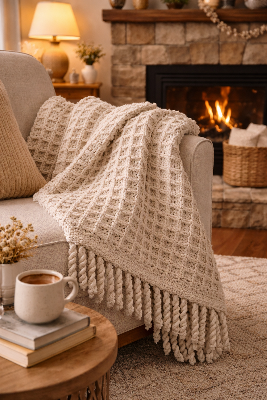 Cozy living room with a beige sofa, knitted cream throw blanket, and a tan pillow. A cup of hot chocolate and books on a small wooden table. A lit fireplace and a lamp with a vase of flowers in the background.